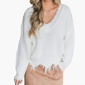 Main Strip Cotton Blend Sweater With Fringe Size L